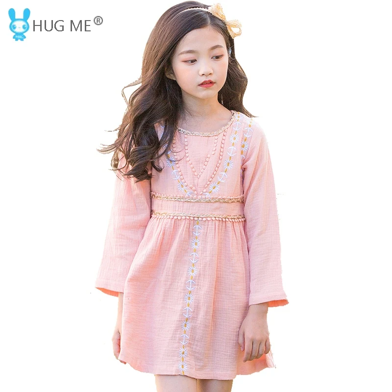 

2018 Autumn New Long Sleeve Pink Embroidered Dress for Kids 5 to 14 Years Girls Cotton Linen Dress High Quality Brand Clothes