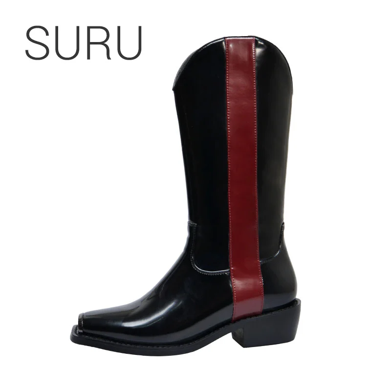 

SURU New Style Western Boots Women Square Toe Leather Mid-calf Boots