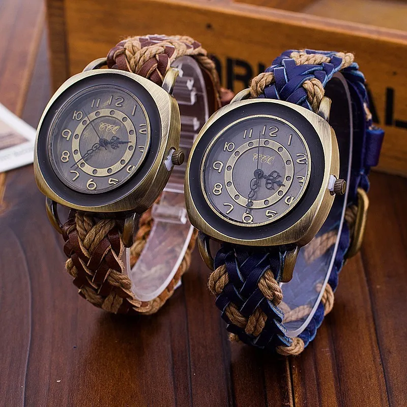 

Hot Fashion Women Men Vintage Genuine Leather Antique Braided Watch Luxury CCQ Brand Wrist Watch Clock For Dropshipping