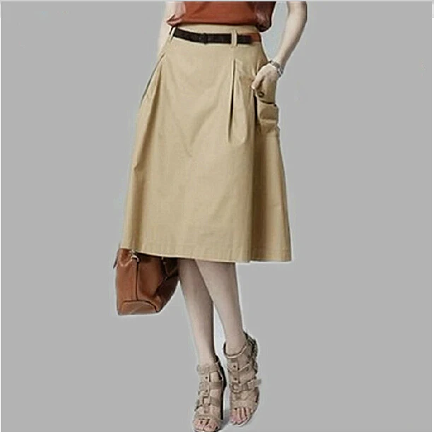Женская юбка трапеция с карманами Однотонная средней длины цвета хаки и черного