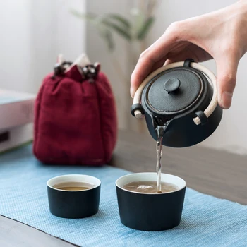 

TANGPIN black crockery ceramic teapot gaiwan with 2 cups a tea sets portable travel tea set drinkware