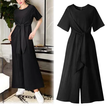 

2019 Summer European Style Women Jumpsuit Short Sleeve Rompers Fashion Plus Size Bow Ladies Playsuit