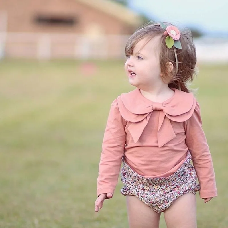 

Toddler Baby Girl Solid Color Tops Kids Infant Bow Peter Pan Collar Shirt Bowknot Bottoming T-shirt Long Sleeve Clothes