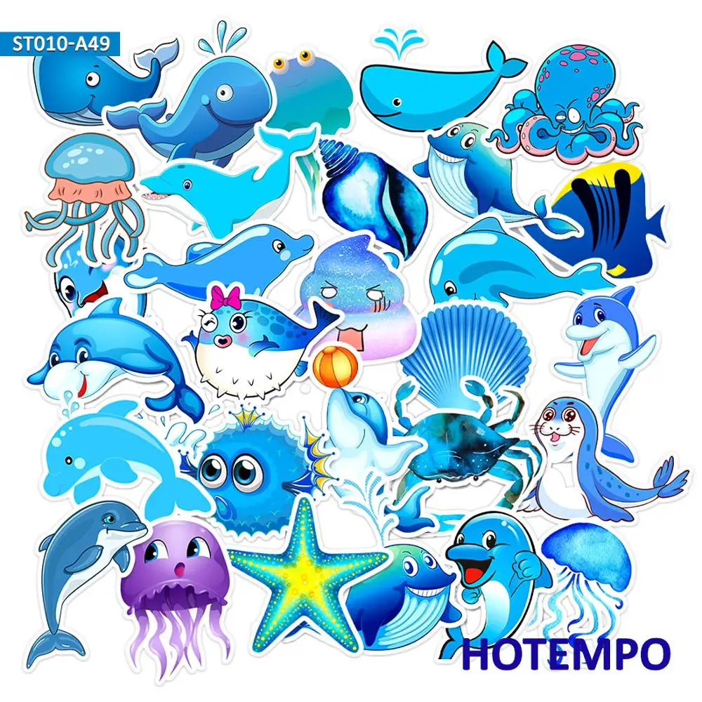 49pcs Blue Ocean Cartoon Fish Animal Doodle Stickers for  for Children Mobile Phone Laptop Guitar Skateboard Bike Stickers