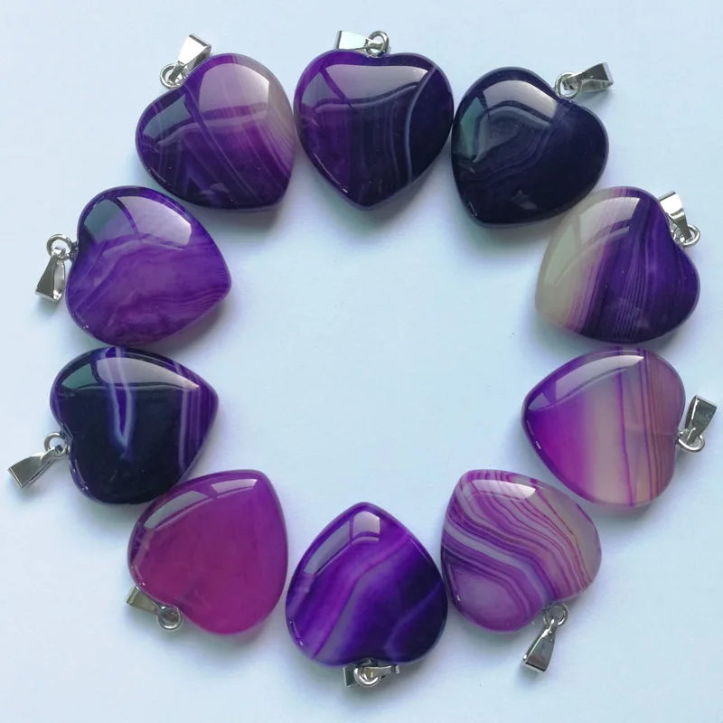 Модный смешанный полосатый оникс натуральный камень, сердечко Подвески для изготовления ювелирных изделий 20 мм Шарм ожерелье аксессуары 12 шт./лот - Окраска металла: purple striped