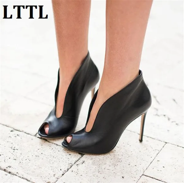 

LTTL Hot Black Suede/Leather Open Toe Ankle Boots Slip on Deep V Cut Thin High Heel Short Boots for Spring Summer Shoes Woman