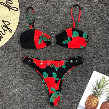

Fashionable Iron Ring Designed 2019 Sexy Floral Leopard Swimming Suit Women Beachwear Swimsuit
