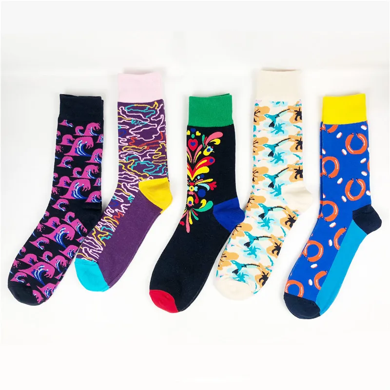 

PEONFLY Men Geometry Jacquard Waves Sausage Cartoon Pattern Colorful Happy Socks Fashion Ventilation Cotton Socks Autumn Winter