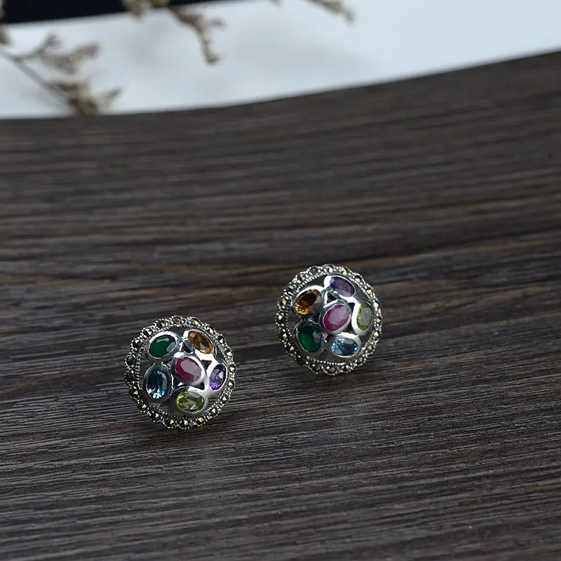 

FNJ Natural Crystal Earrings 925 Silver Jewelry Stone Original Pure S925 Sterling Silver Round Stud Earring for Women