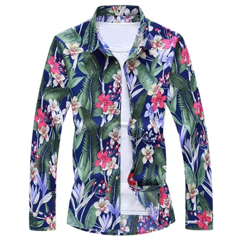 

2019 new men's shirt Fashion botanical print long sleeve shirt Casual men's Chinese style Leaf pattern top puls size M-7XL
