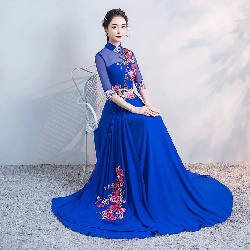Негабаритных белый тонкий аппликации Qipao Винтаж с воротником «Мандарин», китайское платье с разрезами с павлином классические Свадебное платье де Noiva Выходные туфли на выпускной бал - Цвет: Style C
