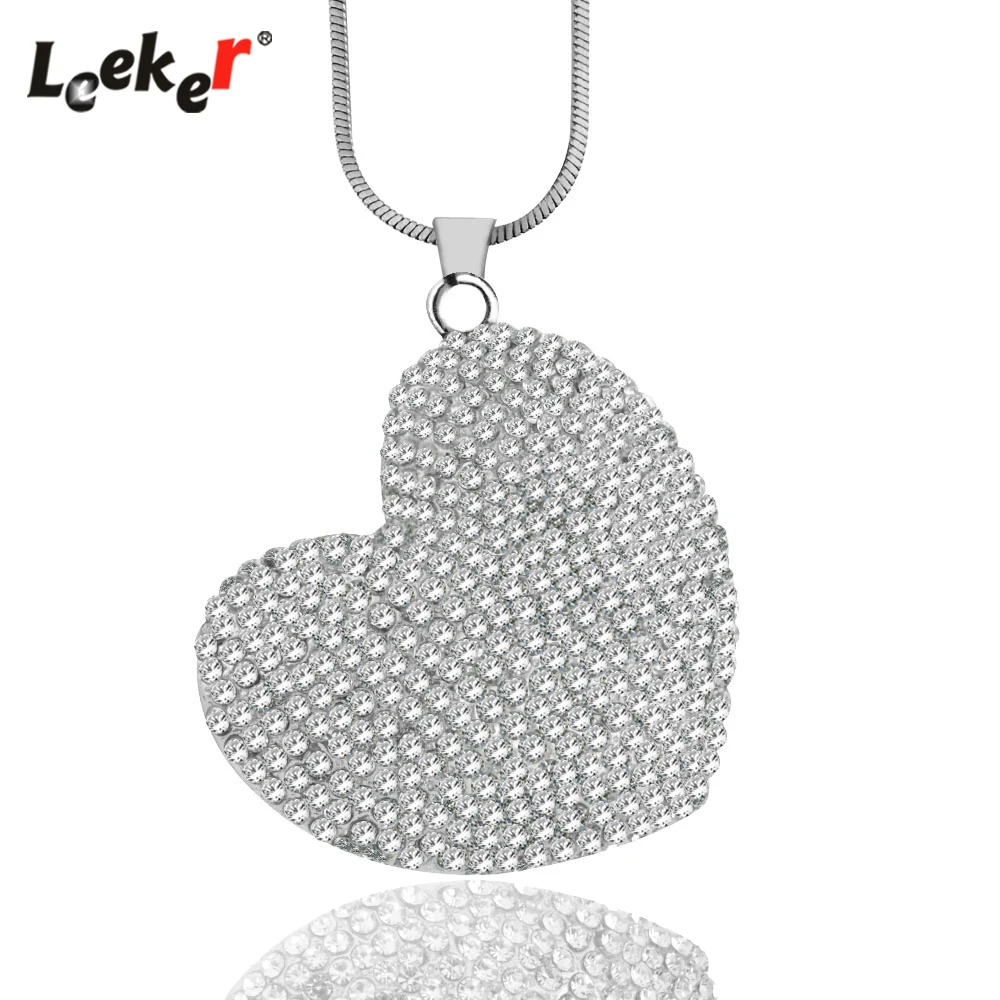 LEEKER Luxury Full Rhinestones Heart Necklace Big Pendant Long Chain