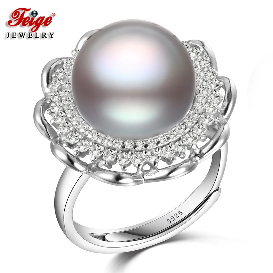 

FEIGE Luxury Big Pearl Ring 925 Sterling Silver Finger Rings Fine Jewelry for Women 12-13MM Gray Freshwater Pearls Jewelry Gift