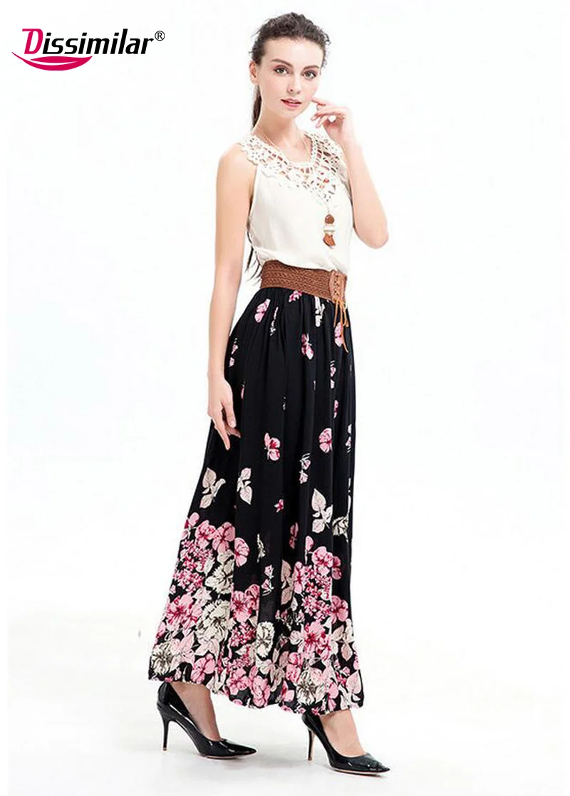 DISSIMILAR New Women Cotton Print skirts Sashes Flower Skirts Ankle