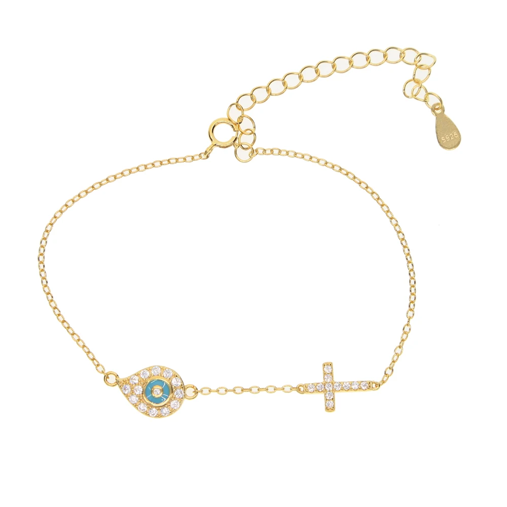 Стерлингового серебра 925 пробы синий турецкий глаз cz Крест звено очарование нежная девушка женский подарок чистое серебро Классический Тонкий браслет цепочка