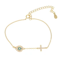 Стерлингового серебра 925 пробы синий турецкий глаз cz Крест звено очарование нежная девушка женский подарок чистое серебро Классический Тонкий браслет цепочка