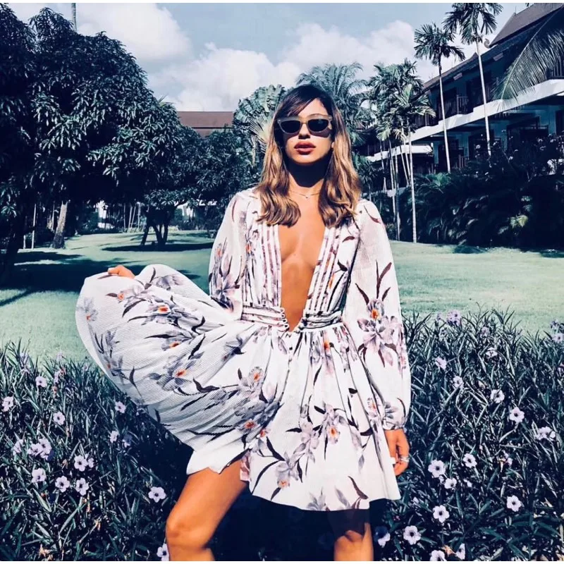 

EXCOSMIC Summer Boho Sexy V Neck Women Mini Lantern Sleeve Dress Runway Embroidery Elegant Party Beach Maxi Dress 2019SS