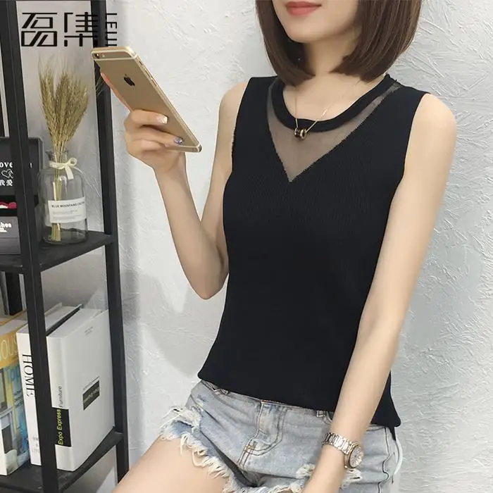 

Summer Women Cool Pullovers Vests Sleeveless O- Neck Plus Size Knitted Vest Mesh stitching Femme Elegant Casual Sweater