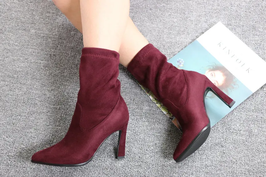 QUTAA New Winter Stretch Ankle Boots Sexy Hoof High Heels Women Shoes Platform Pointed Toe Slip on Short Boots Size 34-43
