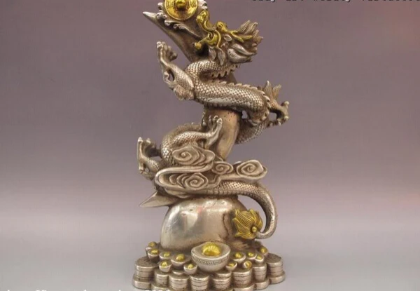 

USPS to USA S0994 Chinese White Copper Silver Feng Shui Lucky Wealth Yuanbao Coin Dragon Statue (B0413)