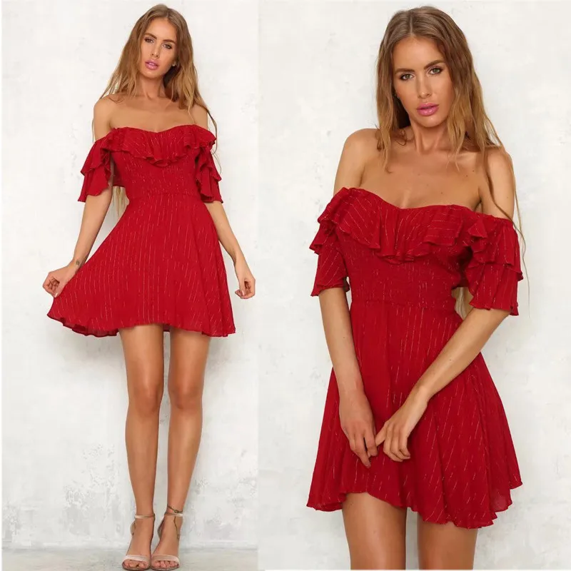 yinlinhe Red Off Shoulder Summer Dress Short Sleeve Sexy Striped Ruffles Dress Women Backless Slim Waist Elegant Vestidos 13