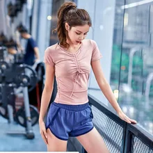 EF3149 Топ для занятий йогой на завязках футболка для бега Для женщин тренажерный зал спортивная сумка для Для женщин Фитнес Спортивная Shortsleeeve рубашка тренировки верхней части
