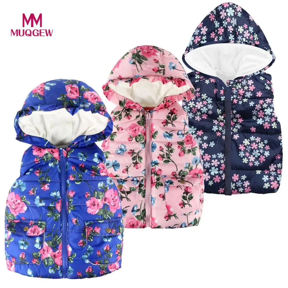 

Free Shipping Toddler Kids Baby Grils Boys Sleeveless Floral Print Hooded Warm WaistCoat Tops Autumn Winter Outside Vest Clothes