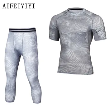 

Spring 2019 Summer Mens Stretch Tight Capris Body Shapers Fitness Top&Leggings Quick Dry Compression Thermal Underwear Set