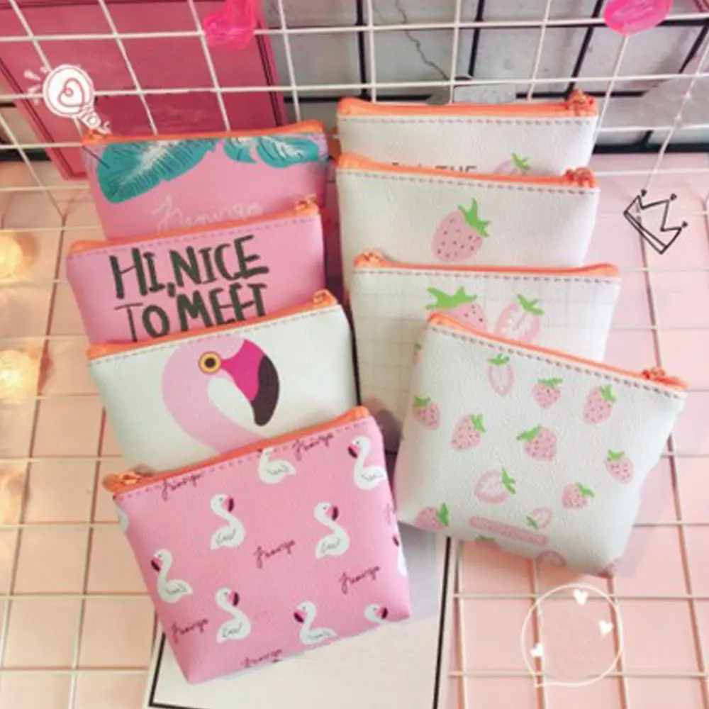 

1PC Fashion Women Coin Purse Flamingo Strawberry Pattern Coin Bag Zip Bag Mini Wallet PU Leather Portable Handbag High Quality