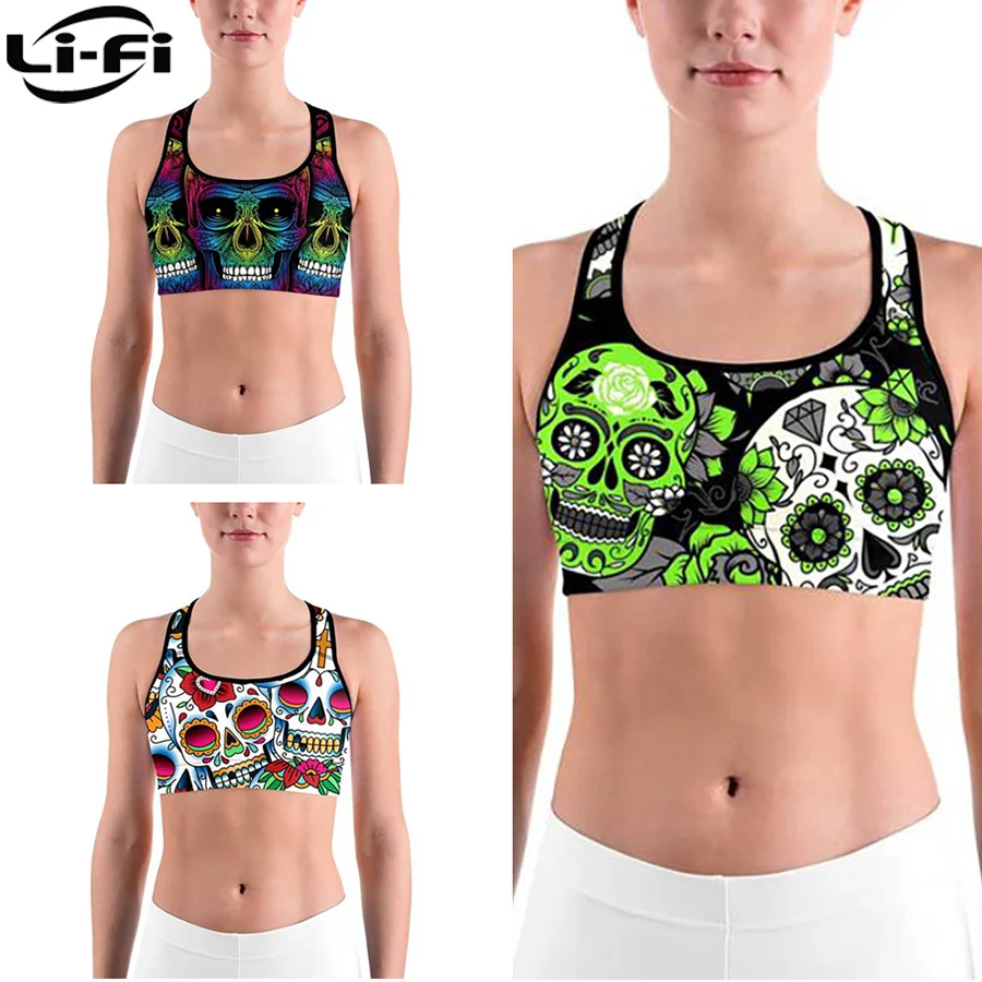 

LI-FI Skull Print Sports Bra High Stretch Breathable Top Fitness Women Padded for Running Yoga Gym Seamless Crop Bra Sport Bra