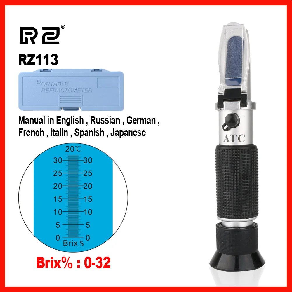 

RZ High Quality Brix Refractometer Optical Sugar Food Beverages Handheld Tool 0~32% RHB-32ATC RZ113