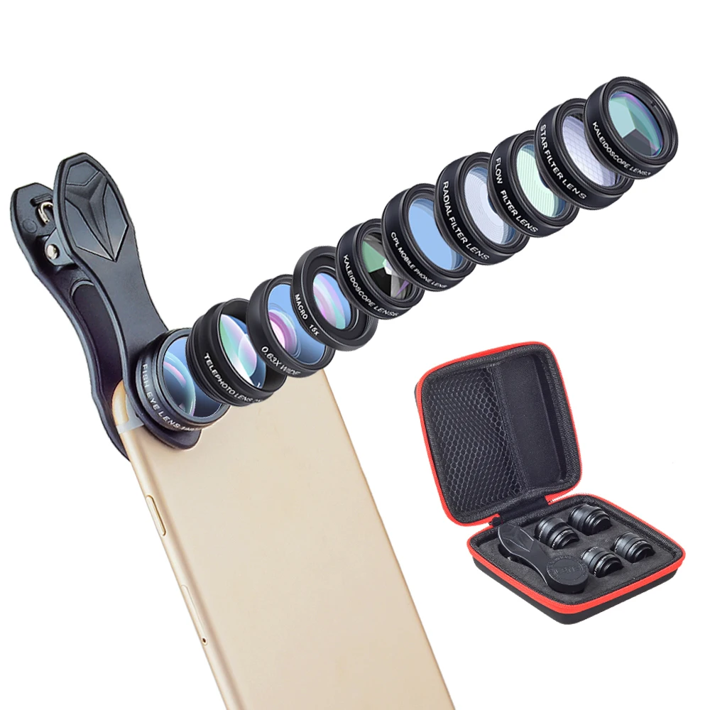 

Ulanzi 10 in 1 Phone Camera Lens Kit Fisheye/Wide Angle/Marco/Telescope/CPL/Kaleidoscope/Flow/Radial/Star Filter Lens for iPhone