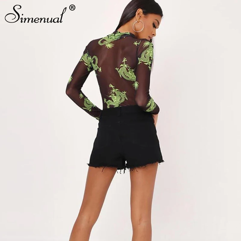 Simenual Mesh Transparent Bodycon Sexy Jumpsuits Women Long Sleeve Printed Bodysuit Hollow Out Hot Fashion Fitness Bodysuits New Simenual Mesh Transparent Bodycon Sexy Jumpsuits Women Long Sleeve Printed Bodysuit Hollow Out Hot Fashion Fitness Bodysuits New