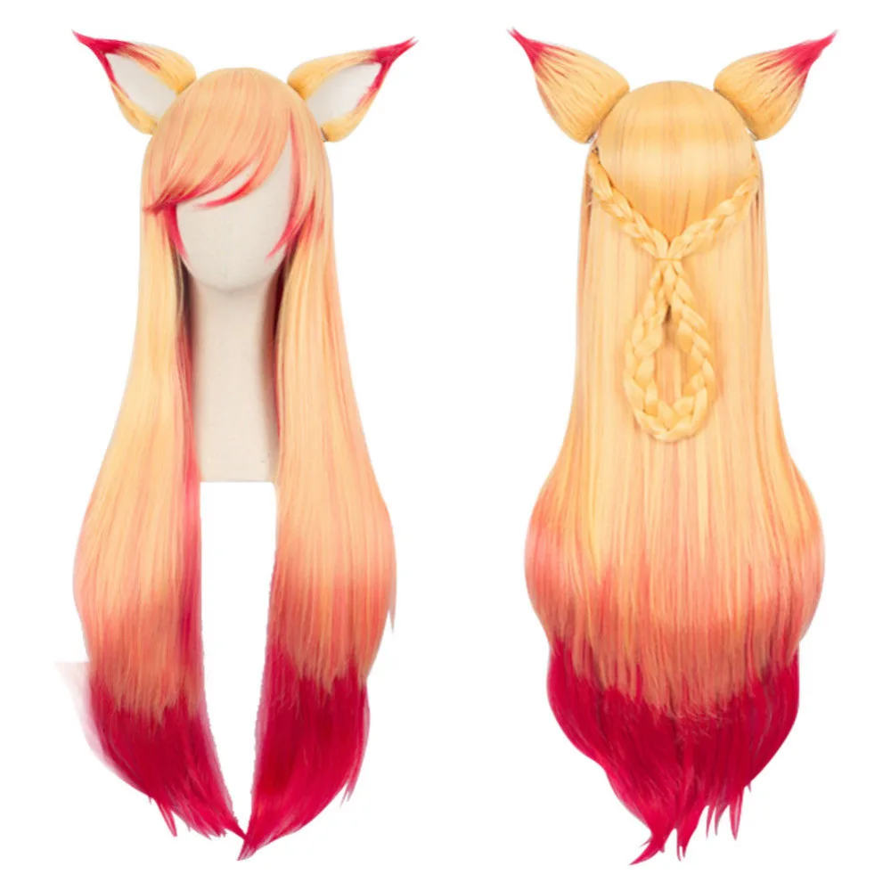 

100cm wig LOL Ahri Gumiho Wig Hair Fox Star Guardian Cosplay Costume Wig + Ear