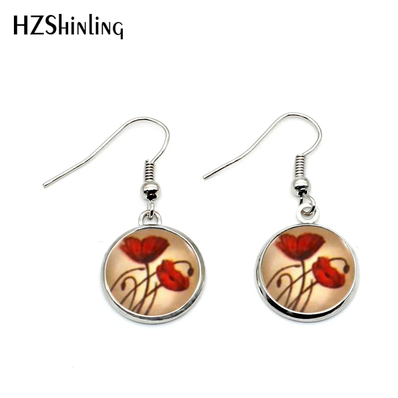 

NHE-0022 Red Poppy Earrings Poppies Jewelry For Women Beautiful Flowers Earring Art Vintage Dangle Glass Earrings