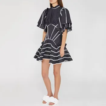 

CHICEVER Summer Streetwear Patchwork Lace Dot Dress For Women Stand Collar Cloak Sleeves Back Hollow Out Asymmetrical Dresses