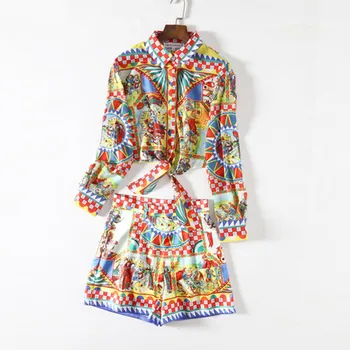 

European and American women's 2018 winter clothing new Long sleeve shirt + shorts Vintage print suit