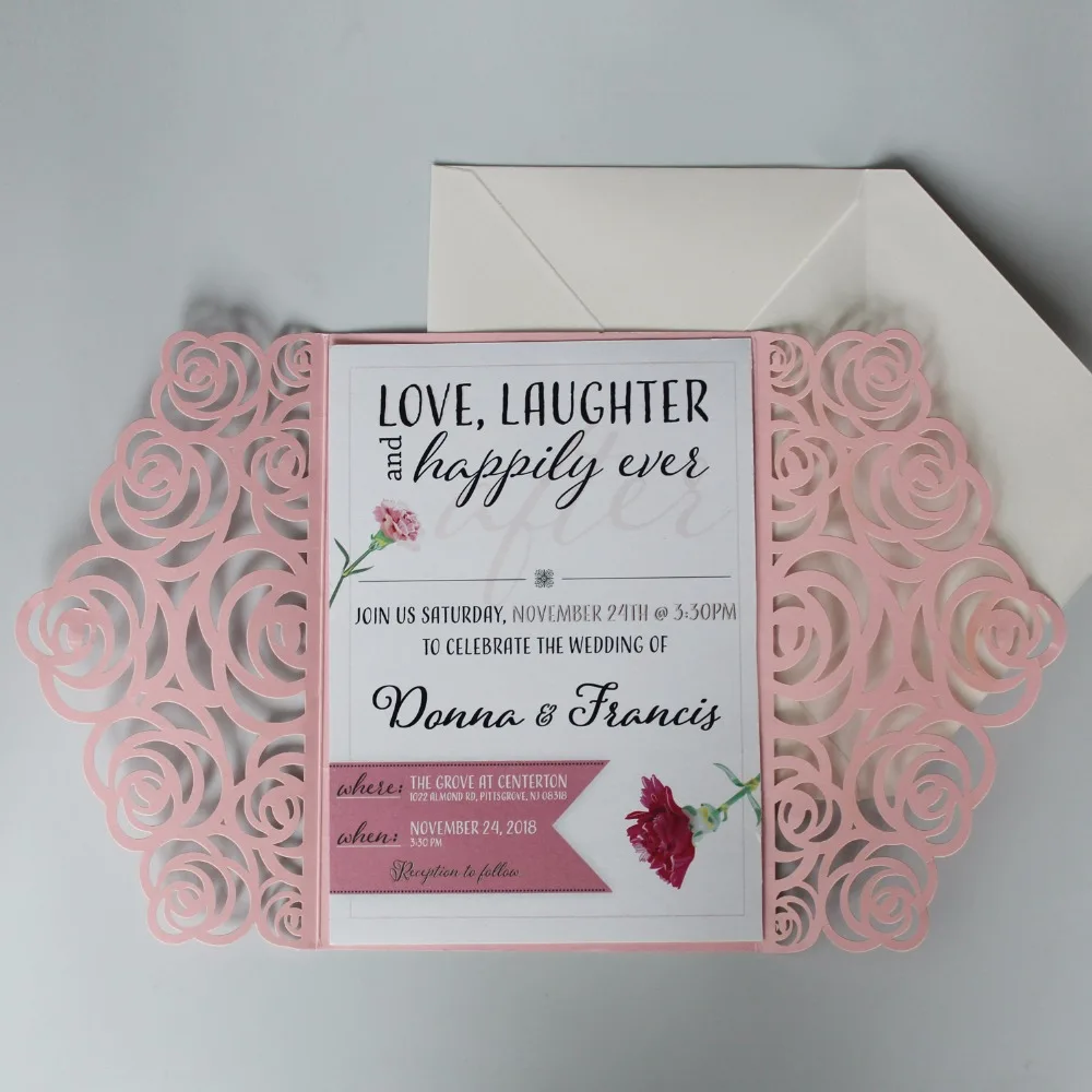  Pink Wedding Invitation Laser Cut Rose Wedding Invite Romantic Invitation Cards With Envelopes - Se - 32918754635