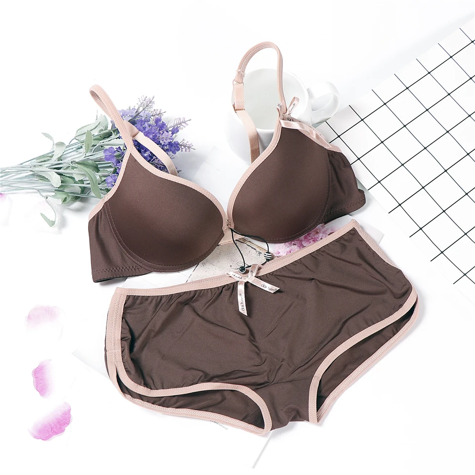 

lingerie solid simple design japanese bra set wire lenceria push up underwear women AB cup sexy coffee black bra and panty set