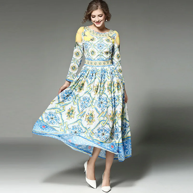 2017 Новый Стиль Высокого Качества Весна Осень Печатные Шифон Dress мода Элегантные