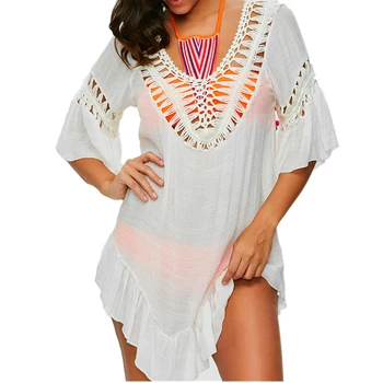 

Bikini Cover Up Lace Hollow Crochet Swimsuit White V-Neck Beach Dress Women Sexy Kaftan Beach Tunic Dress 2019 Summer May Outlet