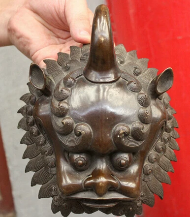 

0 8 China Collect Pure Bronze FengShui Unicorn Beast Lion Head Mask Statue Knocker
