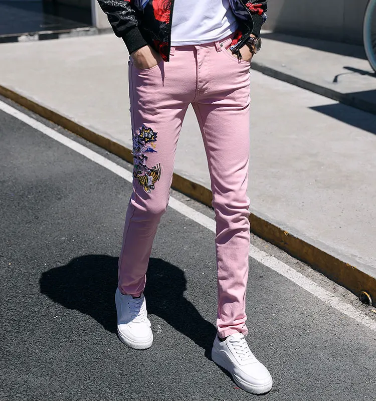 Fashion Streetwear Mens Jeans Slim Fit Elastic Punk Pants Hip Hop Jeans Embroidery Denim Trousers Men Pink Yellow Green Color