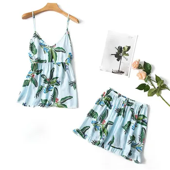 

2019 summer Womens Sexy Camis Sleepwear Lingerie Print Nightwear Underwear 2PC Set mujer femme pizama damska E1