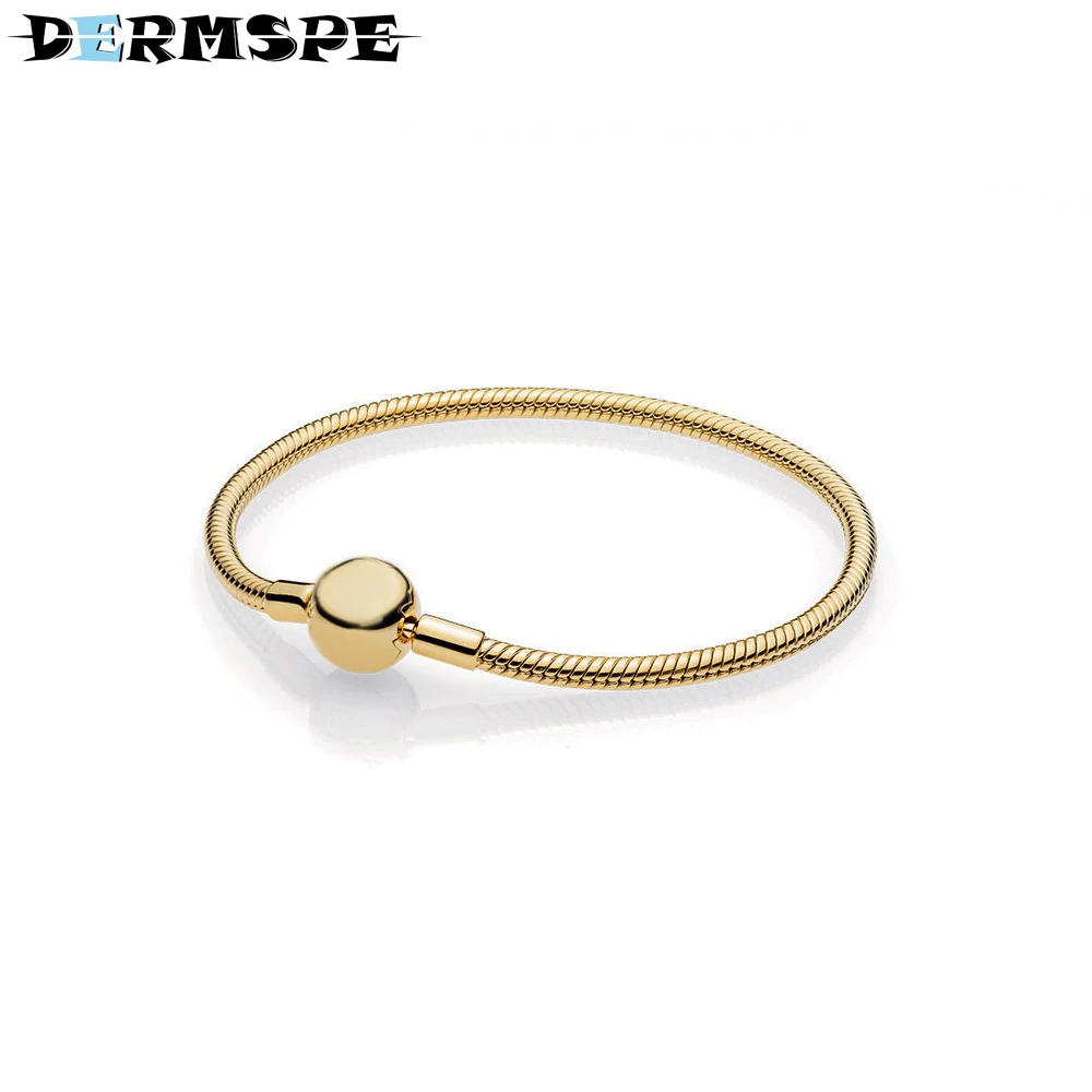 

DERMSPE 925 Sterling Silver Shine gold Smooth Bracelet Fit Charms Women Fashion Gift 567107 Merry Christmas Jewelry