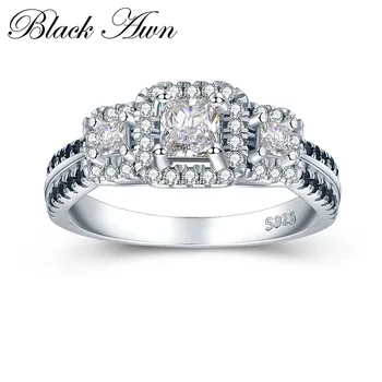 

[BLACK AWN] 3.7g 925 Sterling Silver Jewelry Black&White Stone Wedding Rings for Women Engagement Ring Femme Bijoux Bague C430