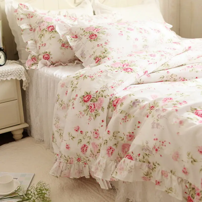 

European Style Pastoral Bedding Set Flower Print Ruffle Duvet Cover Quilt Covers Elegant Embroidered Lace Yarn Bedspread Skirt