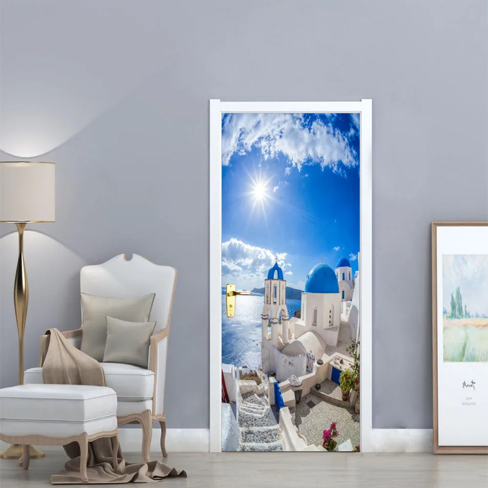 

funlife Mediterranean Landscape Creative Door Stickers Bedroom Door Renovation Wall Posters Waterproof Wall Sticker