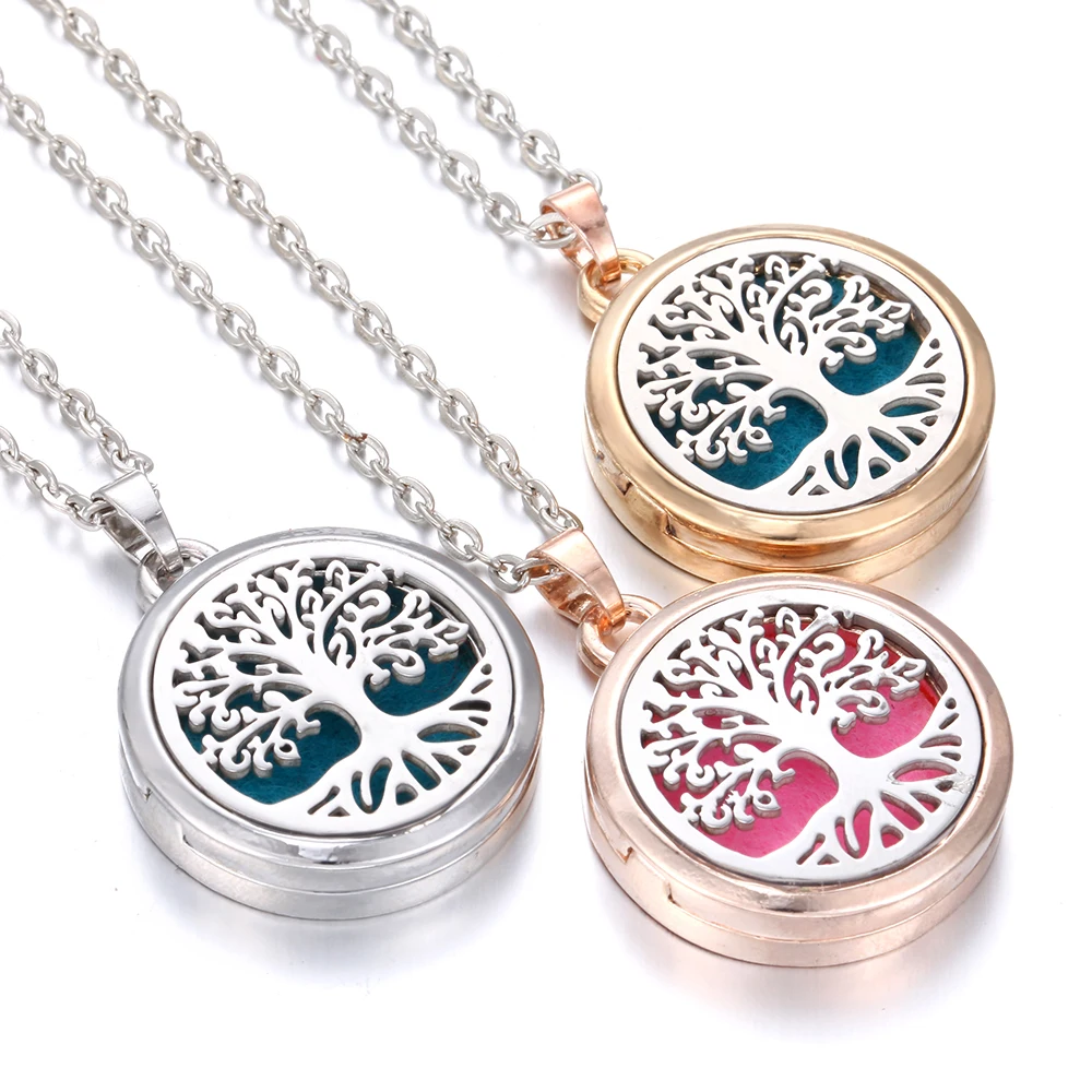 

New Aromatherapy Necklace Diffuser Pendant Rose Gold Silver 28mm Magnetic Aroma Locket Stainless Steel Tree of Life Necklace