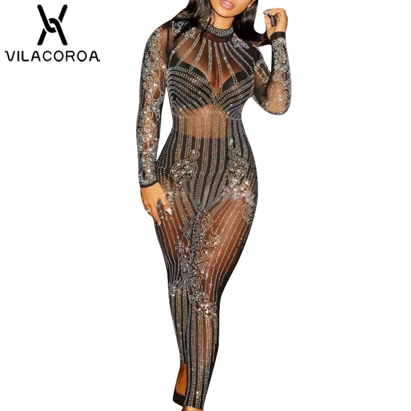 

Sexy Shiny Solid Mesh Round Neck Long Sleeve Bodysuit Women Hot Drill Long Jumpsuit Body Women Playsuits combinaison femme 2018